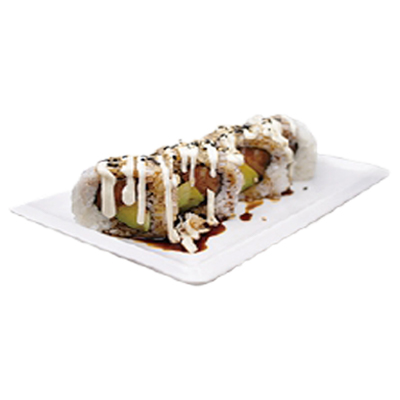 Uramaki de salmón, aguacate, mayonesa, teriyaki y sésamo