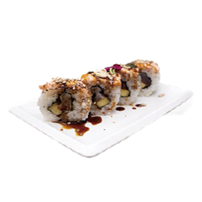 Uramaki de atún, mango, salmón flameado, frutos secos y teriyaki