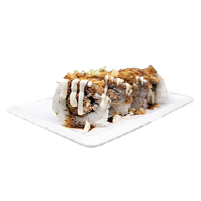Uramaki de salmón cocinado, aguacate, cebolla, mayonesa y teriyaki
