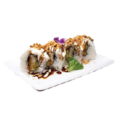 Uramaki de pollo frito, aguacate, cebolla crujiente, teriyaki y mayonesa